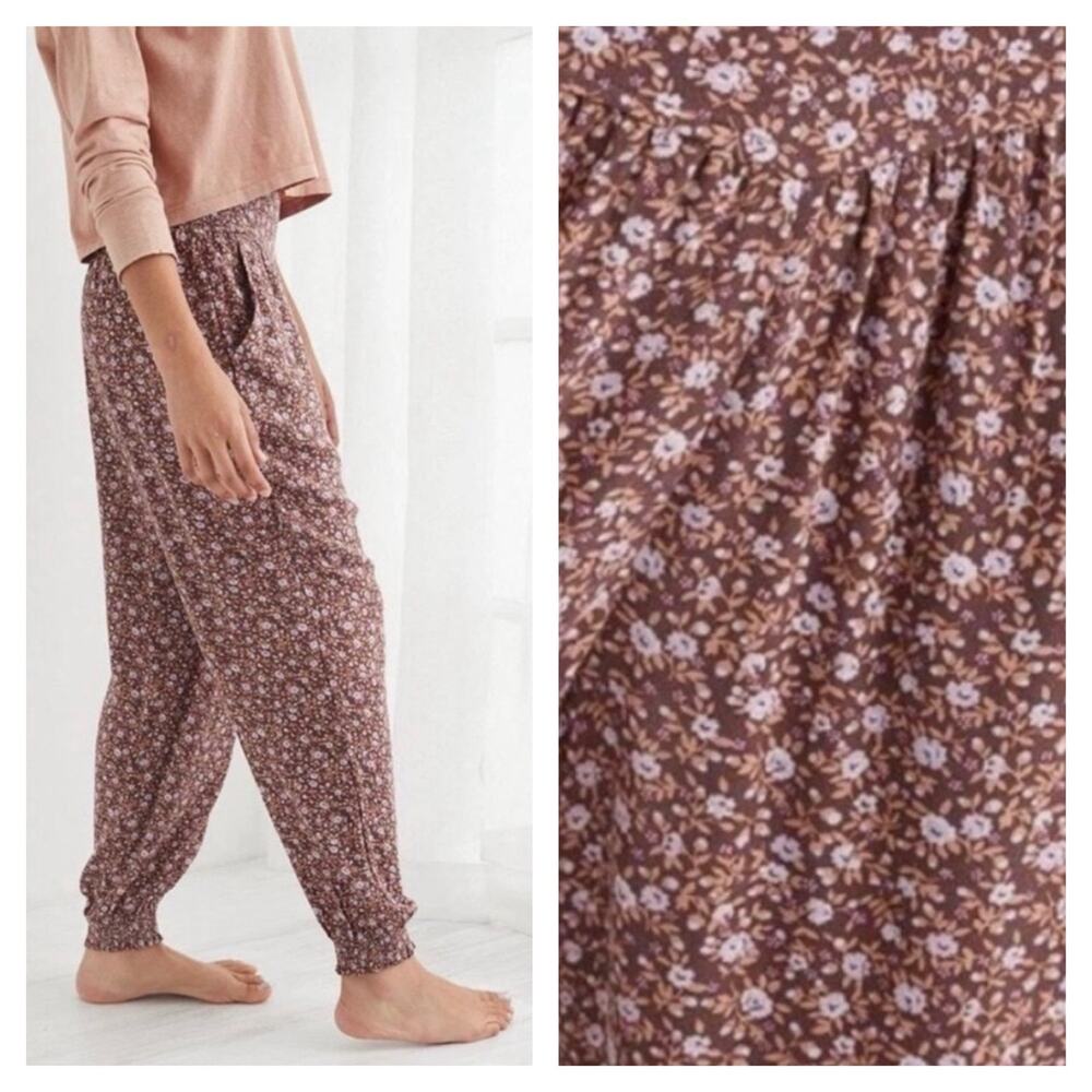 Aerie Homebody Floral Joggers Small Mauve Brown Purple Casual Loungewear Pants